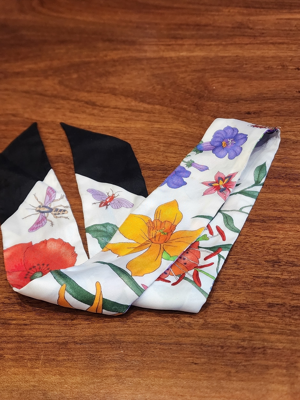 Gucci Floral Silk Twilly Scarf - White, Black, Pink, Purple, Yellow - Picture 2 of 7